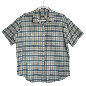 County Seat Plaid Button Down Shirt 100% Cotton Pockets Blue Tan Vintage Size L